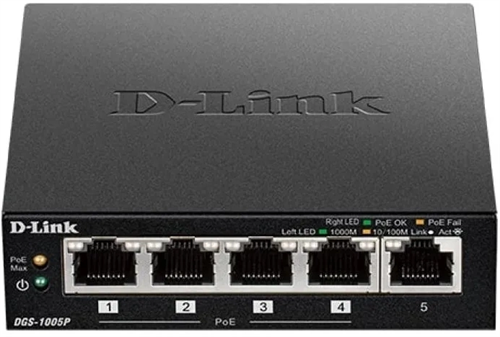 Коммутатор D-Link DGS-1005P DGS-1005P/B3A (L2) 5x1Гбит/с 4PoE 60W неуправляемый DGS-1005P/B3A