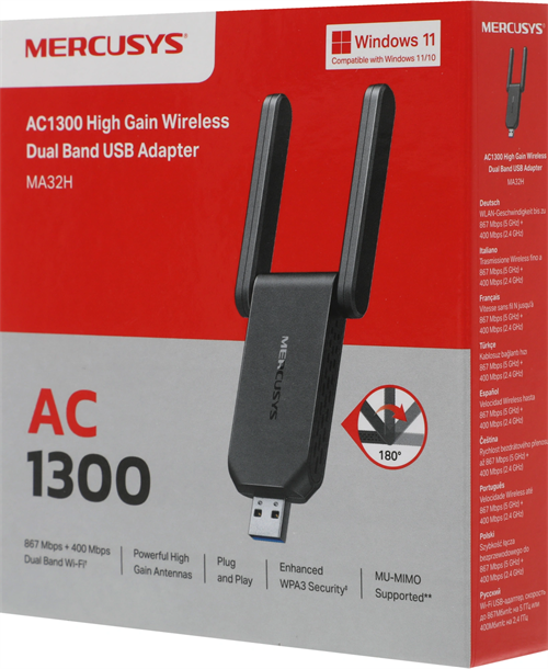 Сетевой адаптер Wi-Fi Mercusys MA32H AC1300 USB 3.0 (ант.внеш.несъем.) 2ант. MA32H