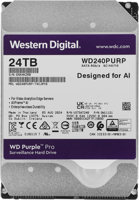 Жесткий диск WD SATA-III 24TB WD240PURP Surveillance Purple Pro (7200rpm) 512Mb 3.5" WD240PURP