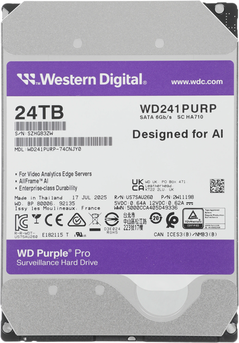 Жесткий диск WD SATA-III 24TB WD241PURP Surveillance Purple Pro (7200rpm) 512Mb 3.5" WD241PURP