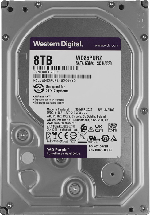 Жесткий диск WD SATA-III 8TB WD85PURZ Surveillance Purple (5640rpm) 256Mb 3.5" WD85PURZ