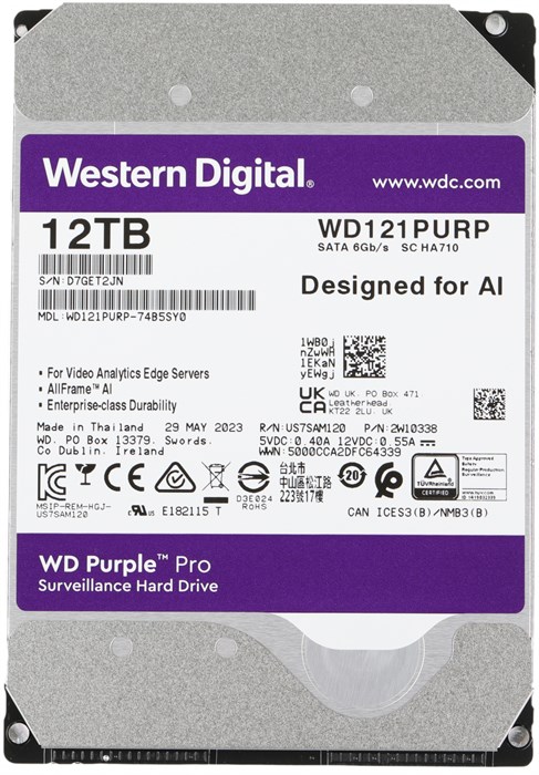 Жесткий диск WD SATA-III 12TB WD121PURP Surveillance Purple Pro (7200rpm) 256Mb 3.5" WD121PURP