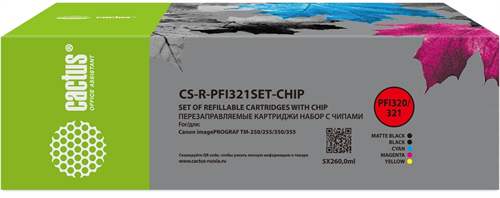 Картридж перезаправляемый струйный Cactus CS-R-PFI321SET-CHIP/черный/черный матовый/голубой/желтый/п CS-R-PFI321SET-CHIP
