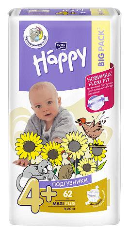 Подгузники детские Bella Happy Maxi Plus, вес 9-20кг., 62 шт. BB-054-LX62-S15