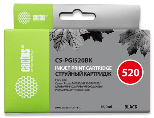 Картридж струйный Cactus CS-PGI520BK черный пигментный (16мл) для Canon Pixma MP540/MP550/MP620/MP63 CS-PGI520BK
