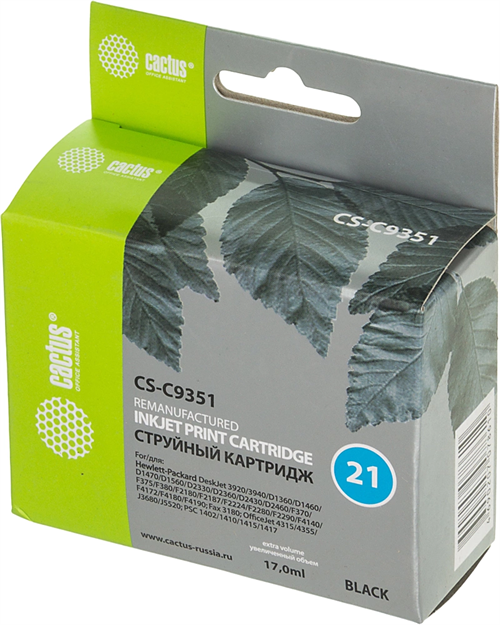 Картридж струйный Cactus CS-C9351 №21 черный (17мл) для HP DJ 3920/3940/D1360/D1460/D1470/D1560/D233 CS-C9351