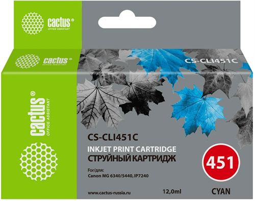 Картридж струйный Cactus CS-CLI451C голубой (12мл) для Canon MG6340/5440/IP7240 с чипом CS-CLI451C