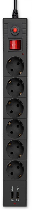 Сетевой фильтр Buro BU-SP3_USB_2A-B 3м (6 розеток) черный (коробка) BU-SP3_USB_2A-B