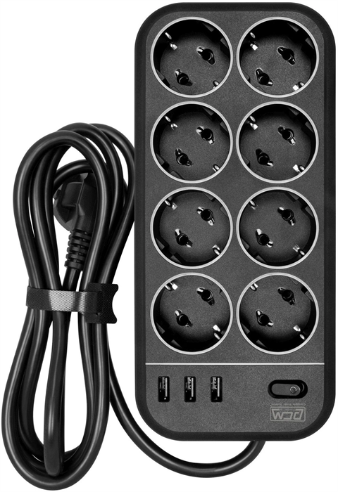 Сетевой фильтр Powercom SP-08 USB03AB 3,0М 3м (8 розеток) черный (коробка) SP-08 USB03AB 3,0М