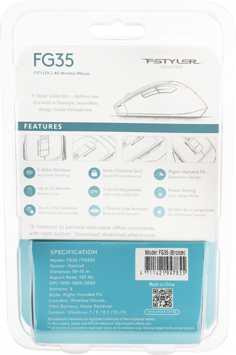Мышь A4Tech Fstyler FG35 бронзовый/черный оптическая 2000dpi беспров. USB 6but (FG35 BRONZE) FG35 BRONZE