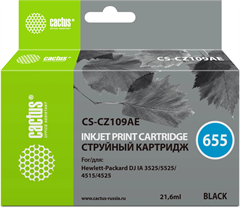 Картридж струйный Cactus CS-CZ109AE №655 черный пигментный (21.6мл) для HP DJ IA 3525/5525/4525 с чи CS-CZ109AE